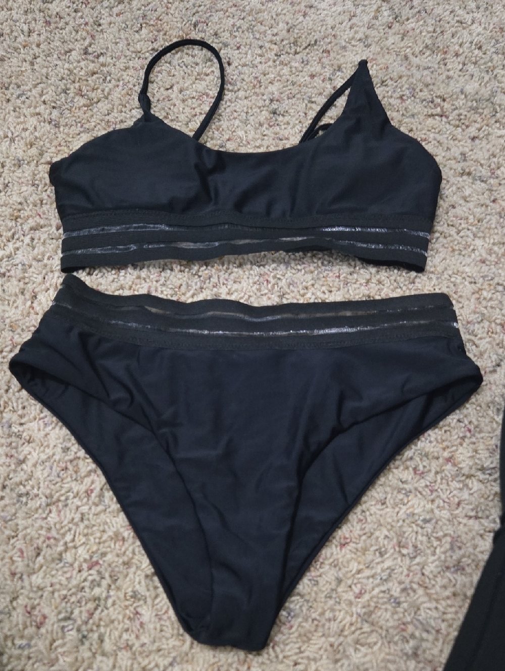 SHEIN Black Bikini Top And High-Waist Bottom with Shimmer Trim